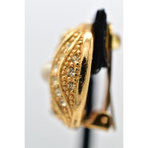 Christian Dior Vintage Clip On Earrings Rhinestone Crystal Pearl Gold Signed 9I - Picture 11 of 12